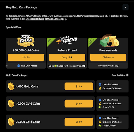 Gold Coin package options at Jackpota.com