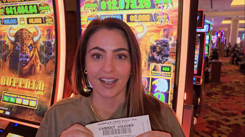 A screenshot of slots influencer Lady Luck HQ after ransacking a Buffalo Link machine for over $70,000.