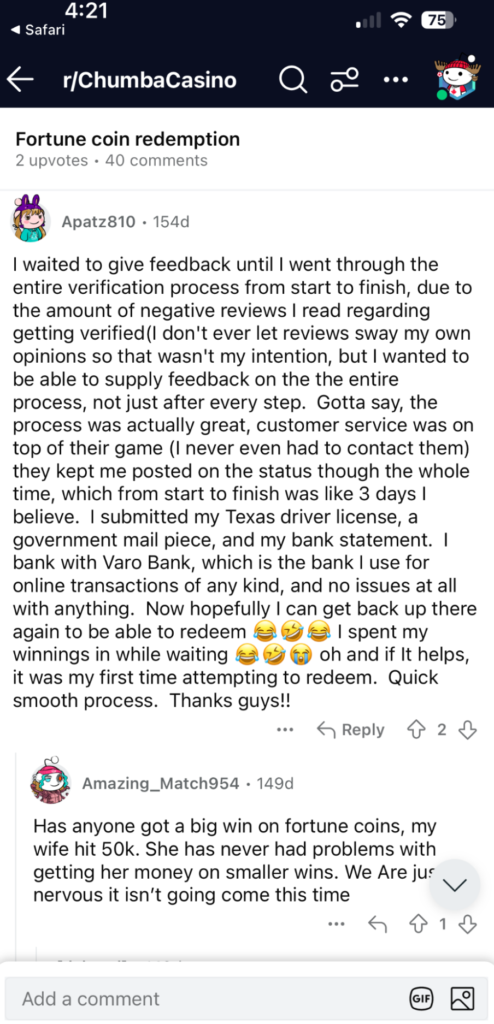 fortune coins comment