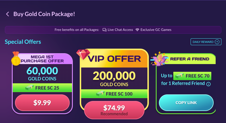 Gold coin VIP offer