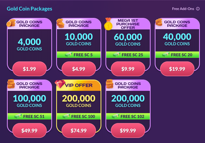Gold coin packages for purchase at PlayFame