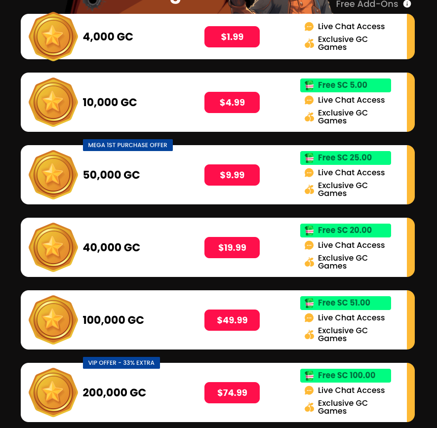 Mega Bonanza gold coins packages