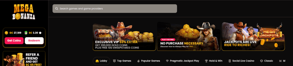 Mega Bonanza welcome screen lobby