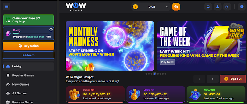 Wow Vegas logged in home screen