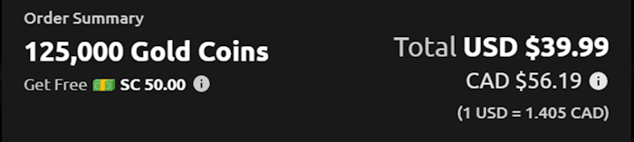 $39.99 Gold Coin package currency conversion from USD to CAD