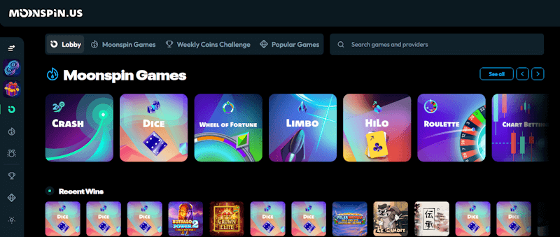 MoonSpin.us main screen