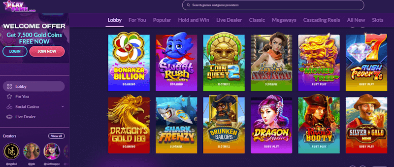 PlayFame start home screen