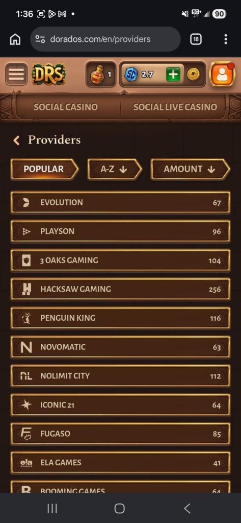 Dorados Casino list of popular game provides