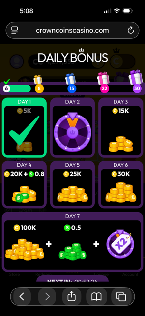 Daily bonus screen from Crown Coins Casino