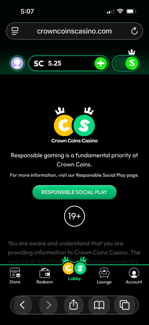 Responsible gambling screenshot from Crown Coins