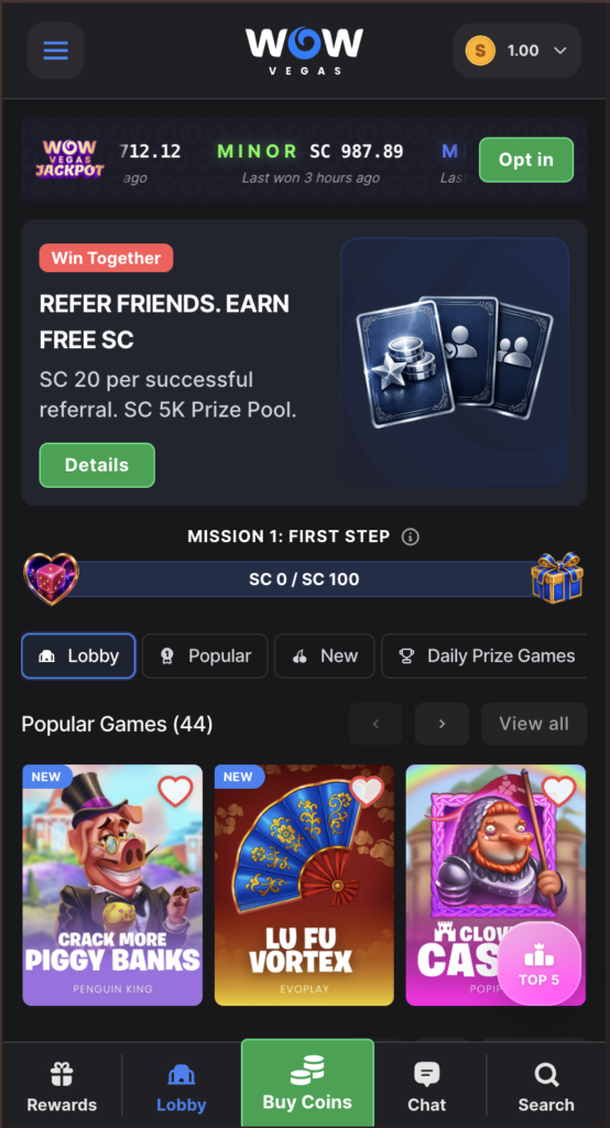 WOW Vegas homescreen